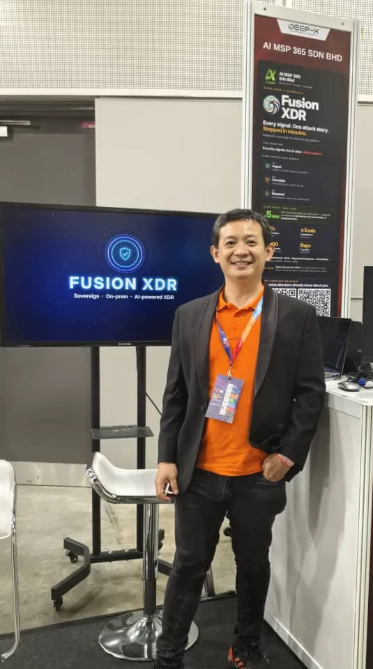 Kevin Lim at the Fusion XDR booth on Startup Street, AiSEM 2026